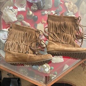 Minnetonka Tan Ankle Booties with Fringe
